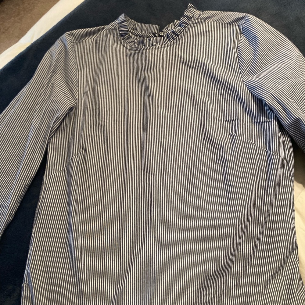 H&M Blue and White Striped Long Sleeve Ruffle Neck Blouse